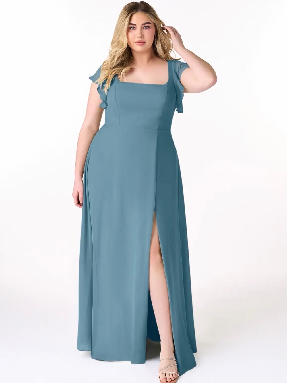 Square Neck Slate Blue Plus-Size Bridesmaid Evening Dress
